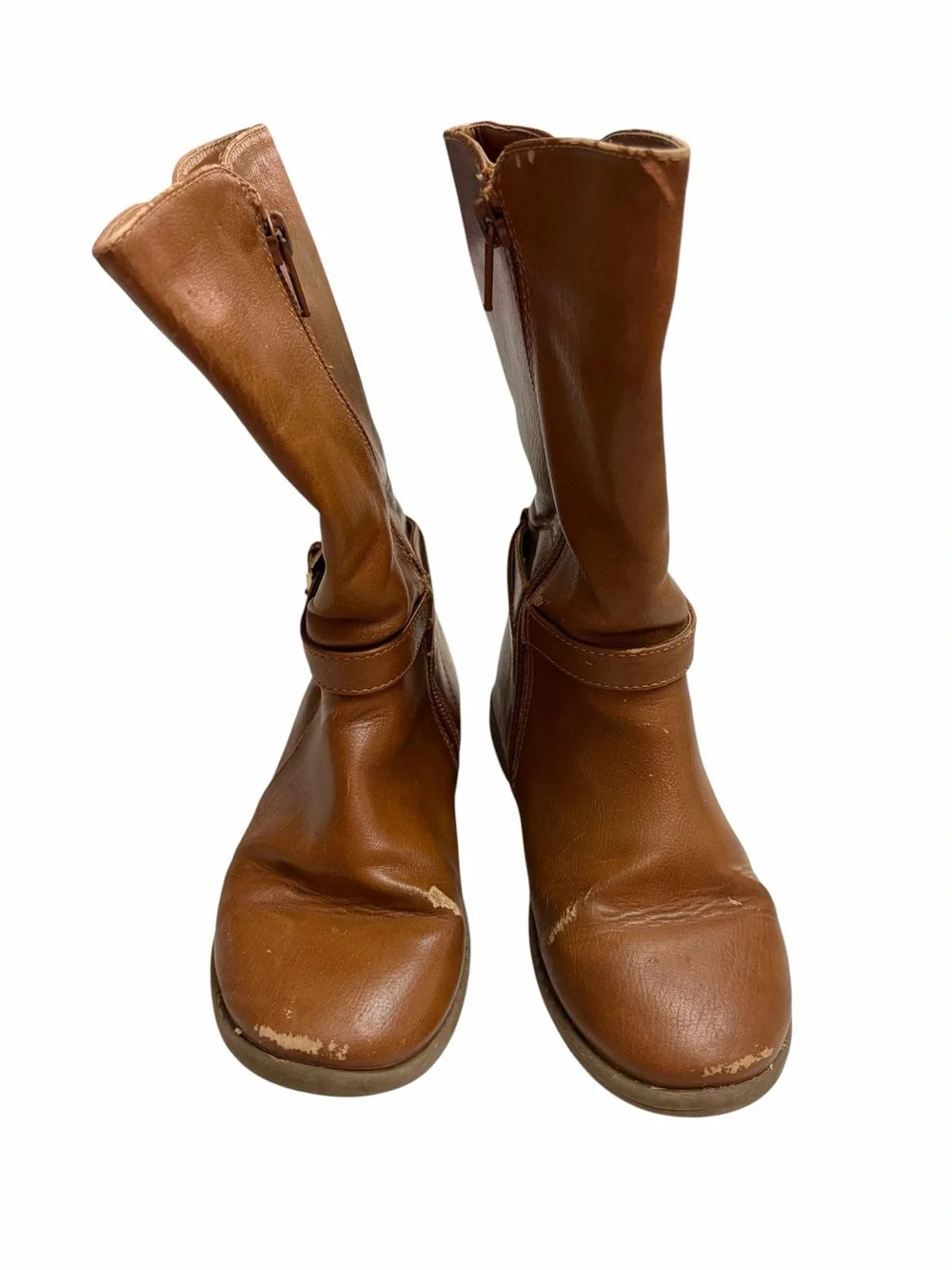 Kids Brown Mid-Calf Leather Boots with Buckle Detail
